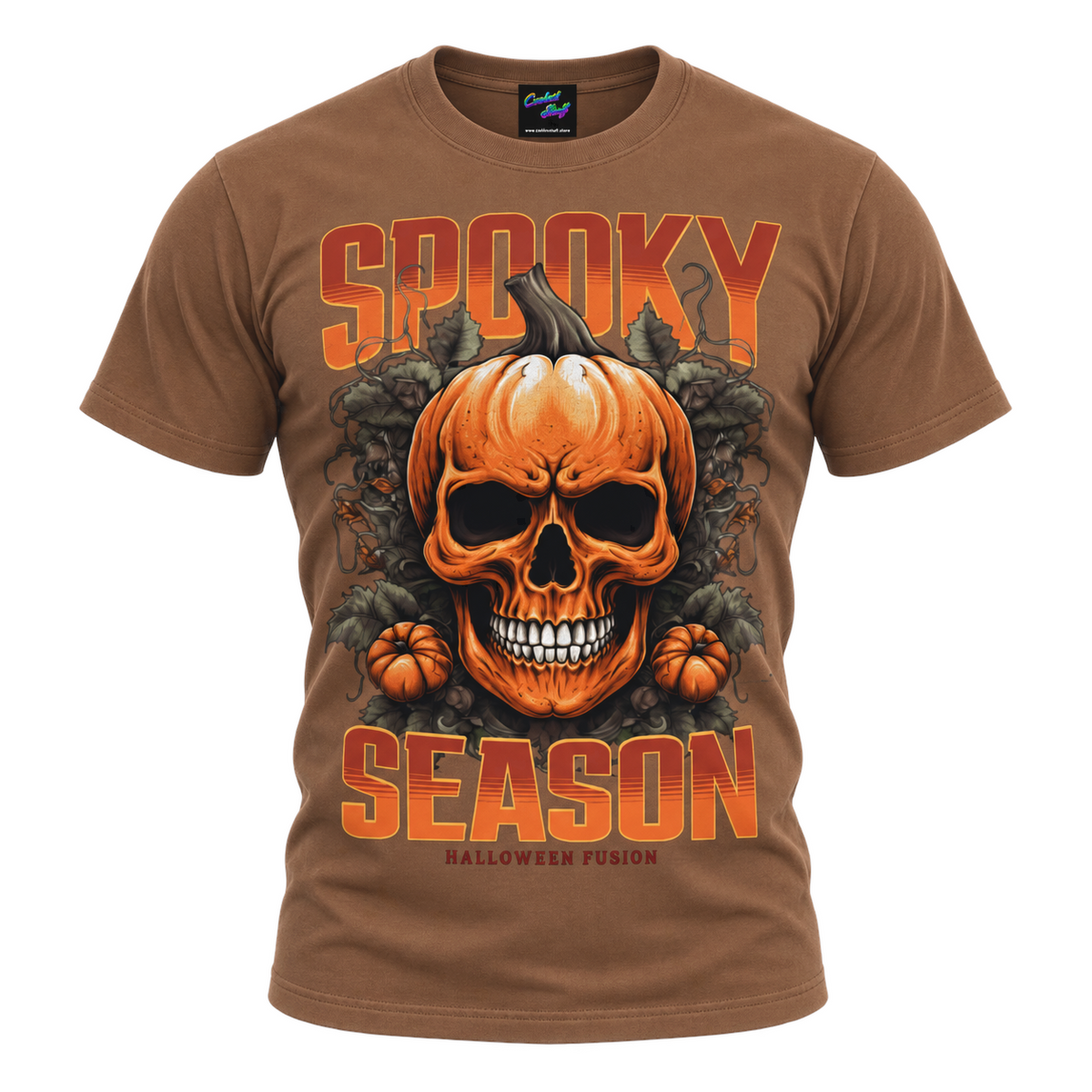 coolest,stuff,tshirt,shirt,tee,unisex,fashion,gift,graphic,apparel,streetwear,casual,clothing,outfit,trendy,halloween,pumpkin,skull,spooky,season,autumn,october,horror,gothic,macabre,skeleton,bones,teeth,grin,creepy,foliage,leaves,vines,harvest,orange,black,gold,typography,lettering,retro,vintage,distressed,illustration,seasonal,statement,brown