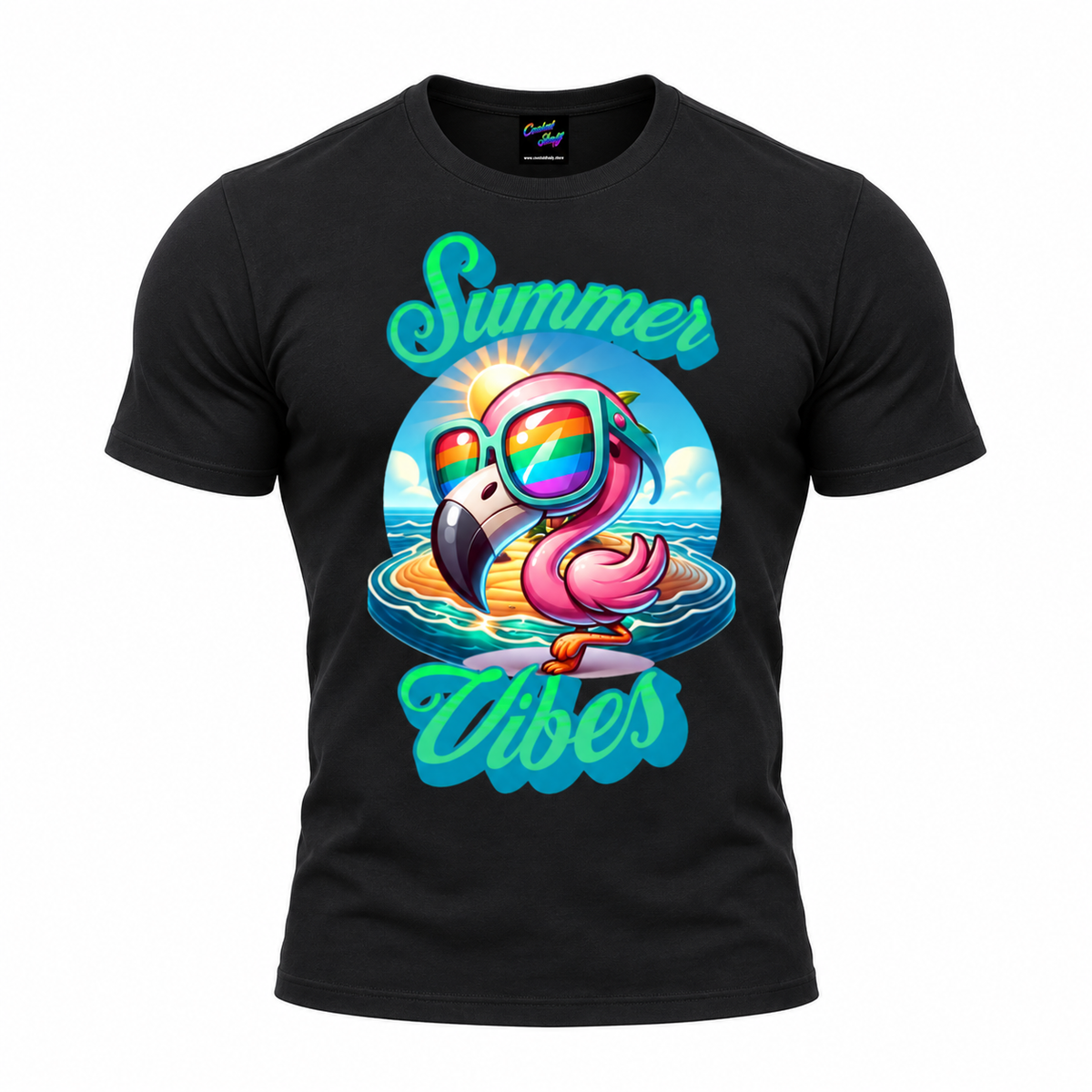Summer Vibes Flamingo T-Shirt | Cute Pink Flamingo with Rainbow Sunglasses | Tropical Beach Vacation Graphic Tee