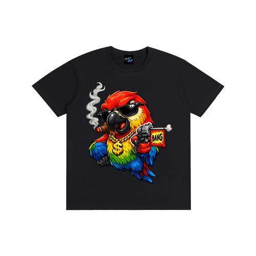 rainbow,parrot,shirt,ganster,funny,bird,tee,cartoon,colourful,animal,lover,comic,style,bang,flag,desing,toy,gun,cigar,streetwear,graphic,urban,fashion,tropical,macaw,gift,art,vibrant,cool,cooleststuff,festival,clothing,humorous,apparel