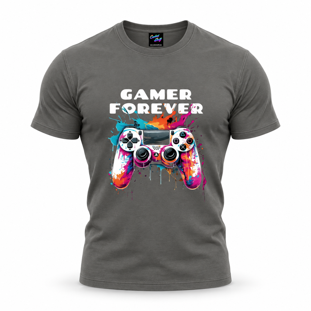 coolest,stuff,tshirt,shirt,tee,unisex,fashion,gift,graphic,apparel,streetwear,casual,clothing,outfit,trendy,gamer,forever,gaming,controller,gamepad,playstation,console,joystick,buttons,graffiti,paint,splatter,drips,colorful,vibrant,cyan,magenta,orange,yellow,white,black,typography,slogan,geek,nerd,esports,multiplayer,player,illustration,grey