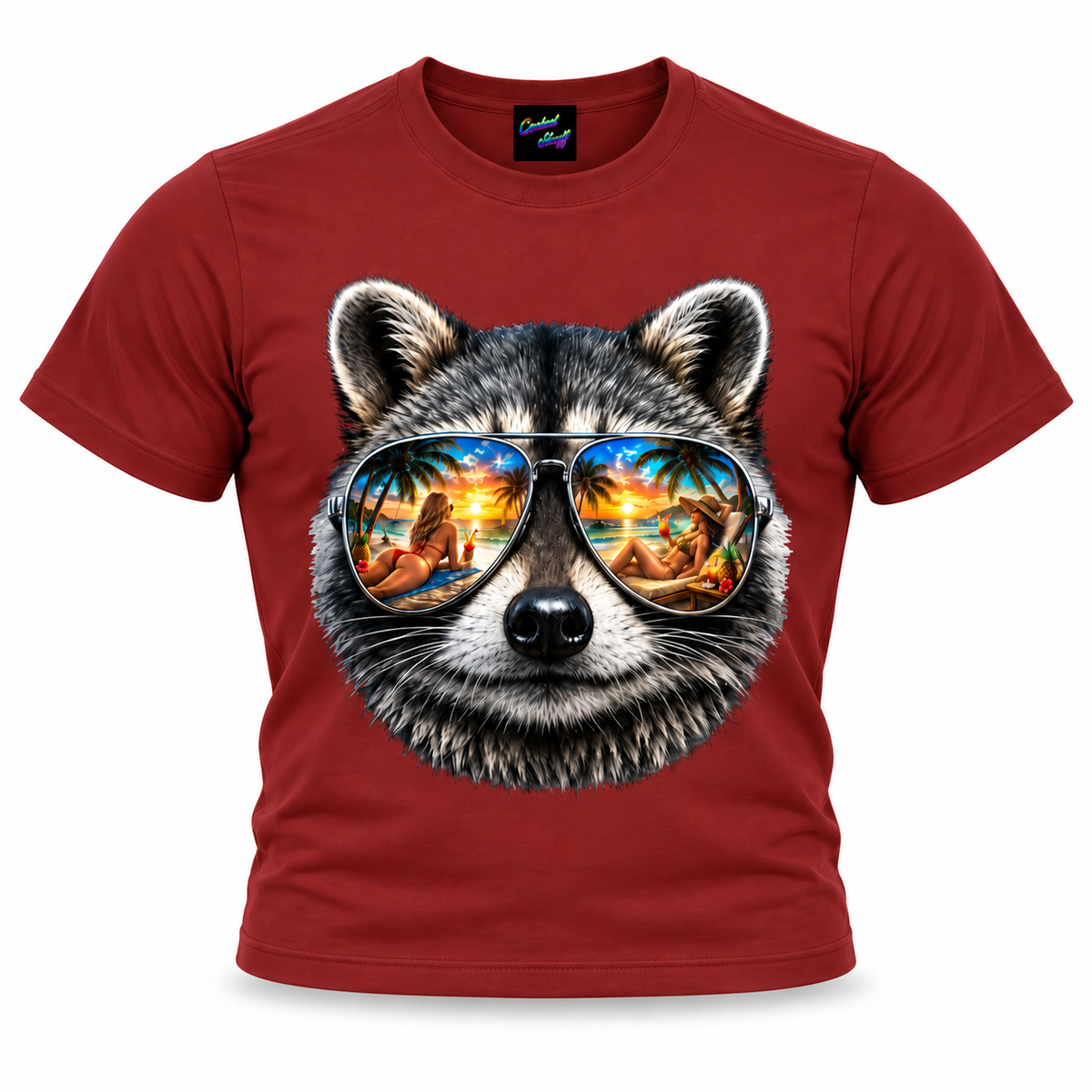coolest,stuff,tshirt,shirt,tee,unisex,fashion,gift,graphic,apparel,streetwear,casual,clothing,outfit,trendy,raccoon,sunglasses,aviator,mirrored,reflection,beach,sunset,tropical,palms,ocean,summer,vacation,paradise,island,coastal,relaxation,cocktails,pineapple,bikini,sunbathing,women,sand,animal,wildlife,portrait,realistic,detailed,cool,playful,red