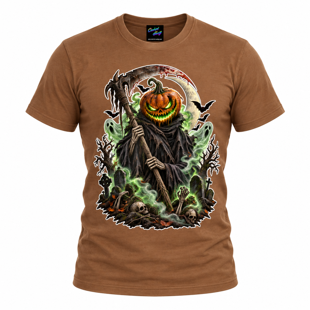 Pumpkin Grim Reaper T-Shirt – Spooky Halloween Graveyard Graphic Tee