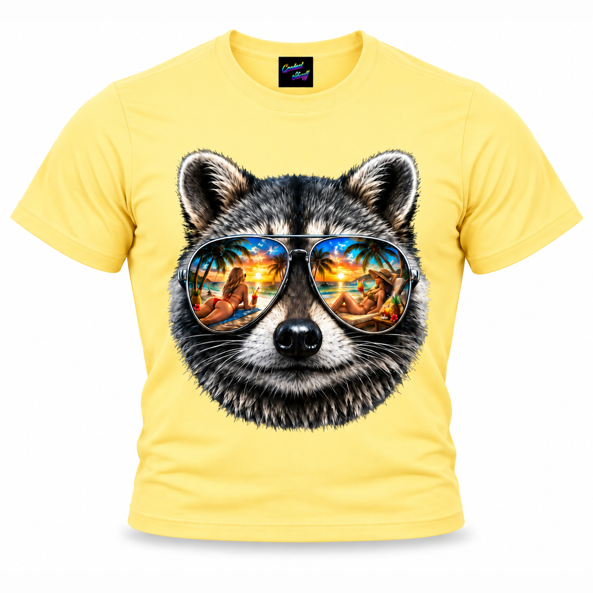coolest,stuff,tshirt,shirt,tee,unisex,fashion,gift,graphic,apparel,streetwear,casual,clothing,outfit,trendy,raccoon,sunglasses,aviator,mirrored,reflection,beach,sunset,tropical,palms,ocean,summer,vacation,paradise,island,coastal,relaxation,cocktails,pineapple,bikini,sunbathing,women,sand,animal,wildlife,portrait,realistic,detailed,cool,playful,yellow