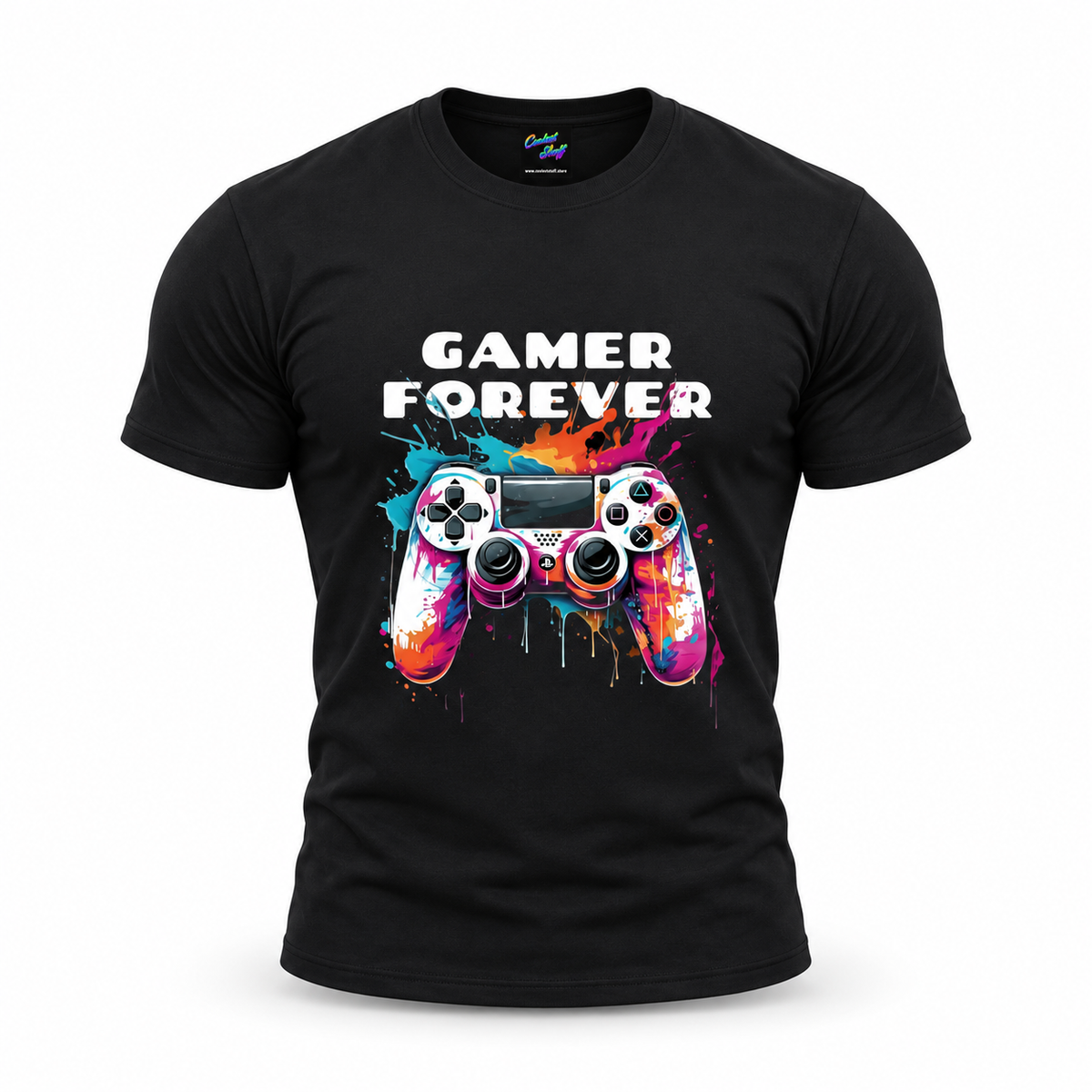 coolest,stuff,tshirt,shirt,tee,unisex,fashion,gift,graphic,apparel,streetwear,casual,clothing,outfit,trendy,gamer,forever,gaming,controller,gamepad,playstation,console,joystick,buttons,graffiti,paint,splatter,drips,colorful,vibrant,cyan,magenta,orange,yellow,white,black,typography,slogan,geek,nerd,esports,multiplayer,player,illustration,black