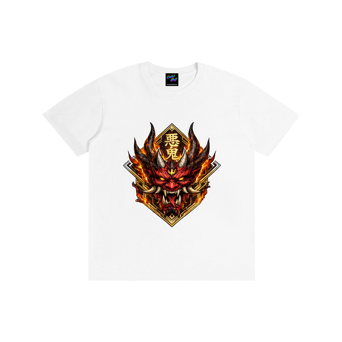 Japanese,oni,mask,demon,tshirt,samurai,shirt,graphic,tee,mythology,clothing,fire,artwork,red,streetwear,anime,dark,fantasy,horned,culture,alternative,tattoo,warrior,aesthetic,manga,gothic,asian,coolest,stuff
