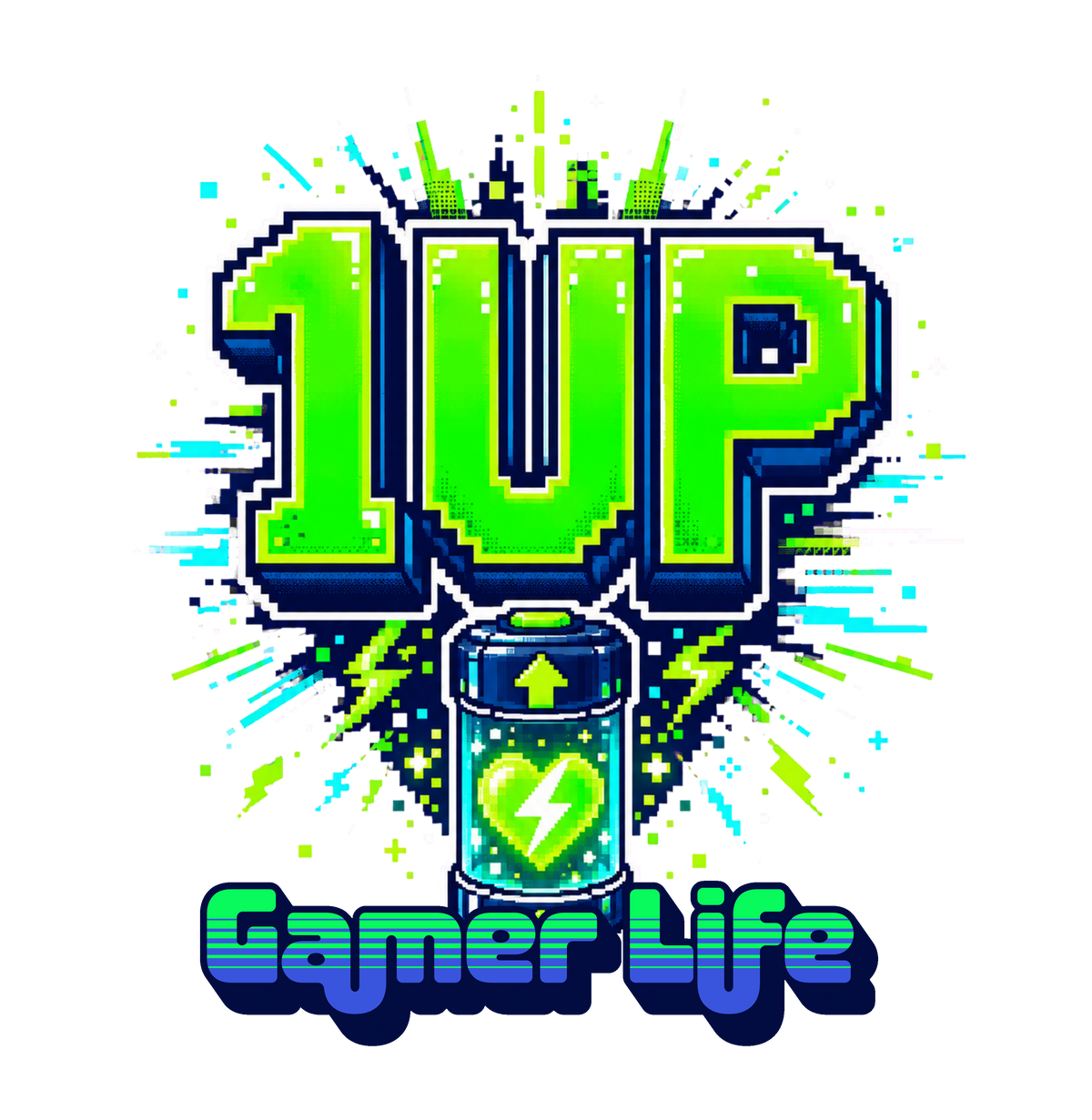 coolest,stuff,tshirt,shirt,tee,unisex,fashion,gift,graphic,apparel,streetwear,casual,clothing,outfit,trendy,1up,gamer,gaming,arcade,retro,pixels,neon,green,cyan,battery,heart,lightning,energy,power,upgrade,bonus,life,respawn,nostalgia,typography,lettering,glitch,digital,geometric,outlined,vibrant,geek,console,design