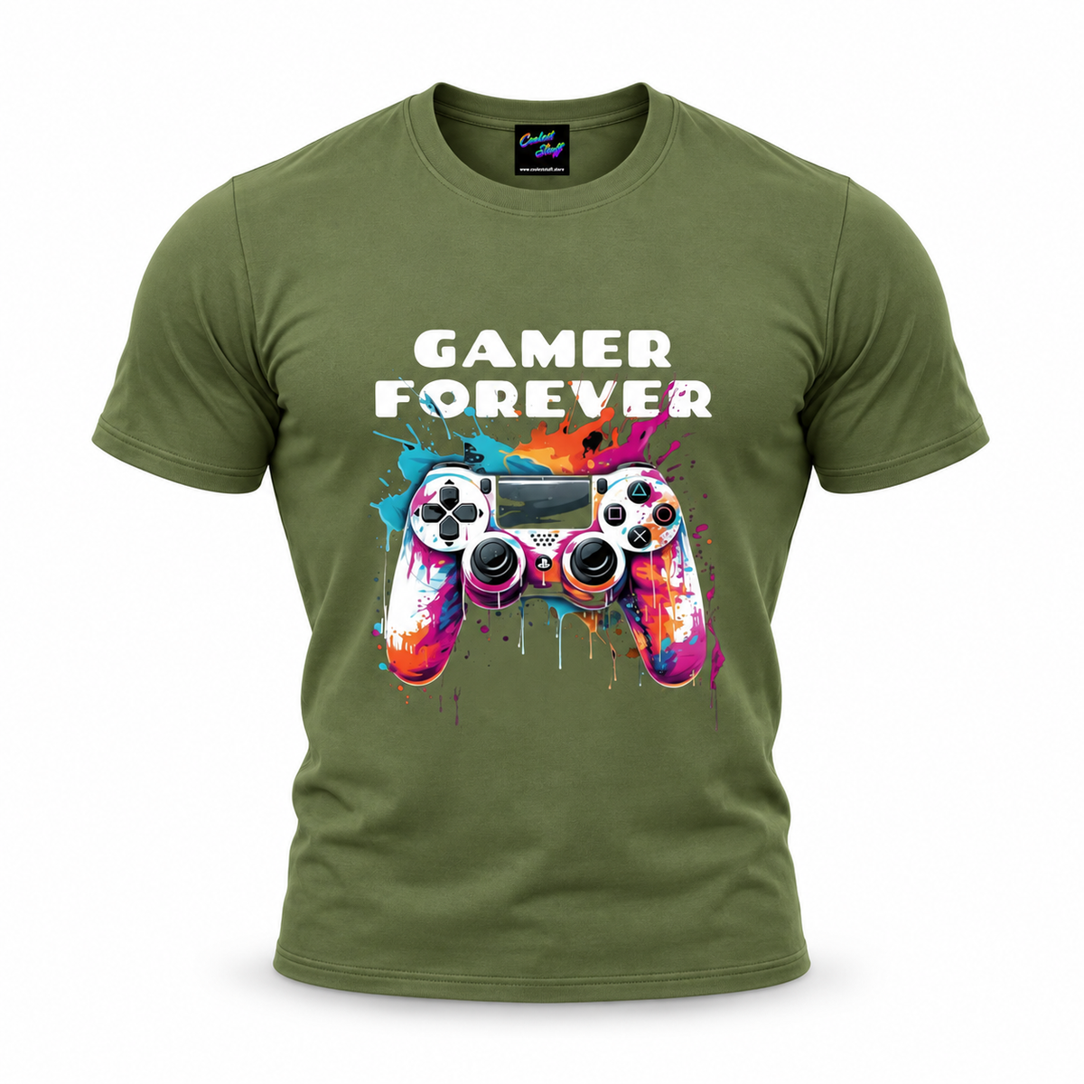 coolest,stuff,tshirt,shirt,tee,unisex,fashion,gift,graphic,apparel,streetwear,casual,clothing,outfit,trendy,gamer,forever,gaming,controller,gamepad,playstation,console,joystick,buttons,graffiti,paint,splatter,drips,colorful,vibrant,cyan,magenta,orange,yellow,white,black,typography,slogan,geek,nerd,esports,multiplayer,player,illustration,green
