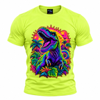 coolest,stuff,tshirt,shirt,tee,unisex,fashion,gift,bold,graphic,apparel,streetwear,casual,dinosaur,tyrannosaurus,prehistoric,predator,carnivore,roaring,teeth,claws,scales,jungle,tropical,palms,foliage,monstera,sun,neon,psychedelic,vaporwave,retro,magenta,cyan,orange,colorful,vibrant,fantasy,comic,illustration,green