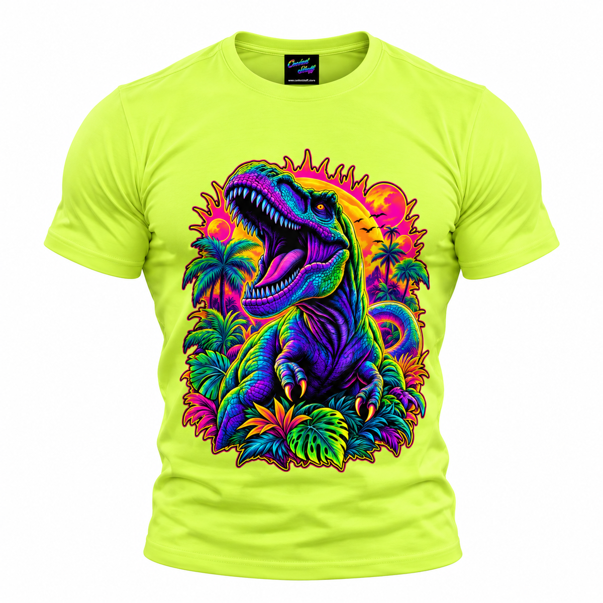 Neon T-Rex Jungle T-Shirt – Psychedelic Dinosaur Graphic Tee | Retro Tropical Streetwear
