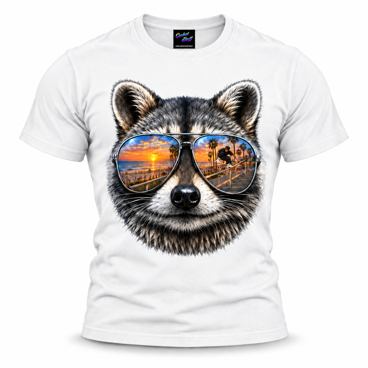 raccoon,sunglasses,aviator,mirrored,reflection,sunset,beach,ocean,palms,tropical,summer,coastal,skater,rollerblading,inline,grind,handrail,freestyle,urban,streetwear,adventure,animal,wildlife,portrait,realistic,detailed,cool,playful,graphic,tshirt,apparel,casual,vacation,golden,gift,coolest,stuff,tshirt,shirt,tee,unisex,fashion,
