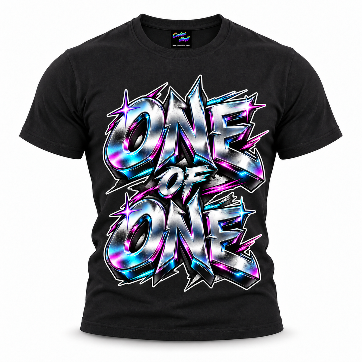 coolest,stuff,tshirt,shirt,tee,unisex,fashion,gift,bold,graphic,apparel,streetwear,casual,clothing,trendy,one,unique,individuality,original,authentic,confidence,identity,expression,chrome,metallic,silver,neon,cyan,magenta,graffiti,typography,lettering,3d,beveled,reflective,futuristic,cyberpunk,edgy,grunge,distressed,stars,lightning,statement,urban,black