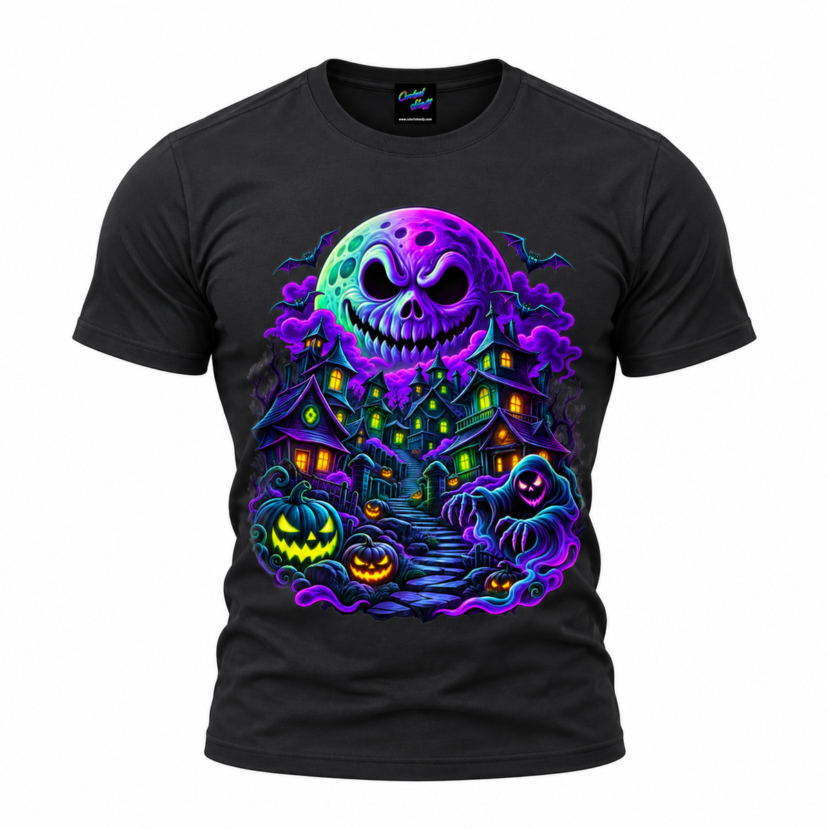 coolest,stuff,tshirt,shirt,tee,unisex,fashion,gift,bold,graphic,apparel,streetwear,casual,halloween,haunted,village,skull,moon,pumpkins,bats,ghost,hooded,ghoul,horror,gothic,spooky,creepy,supernatural,night,neon,cyan,glowing,clouds,smoke,stairs,trees,claws,fantasy,october,autumn,illustration,black