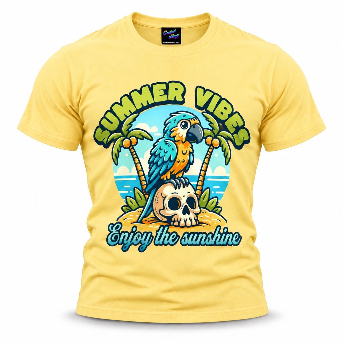 coolest,stuff,tshirt,shirt,tee,unisex,fashion,gift,bold,graphic,apparel,streetwear,casual,clothing,outfit,trendy,parrot,macaw,skull,pirate,tropical,summer,vibes,sunshine,beach,island,palms,coconuts,ocean,sand,vacation,holiday,paradise,coastal,bird,feathers,cartoon,cute,playful,retro,typography,script,yellow