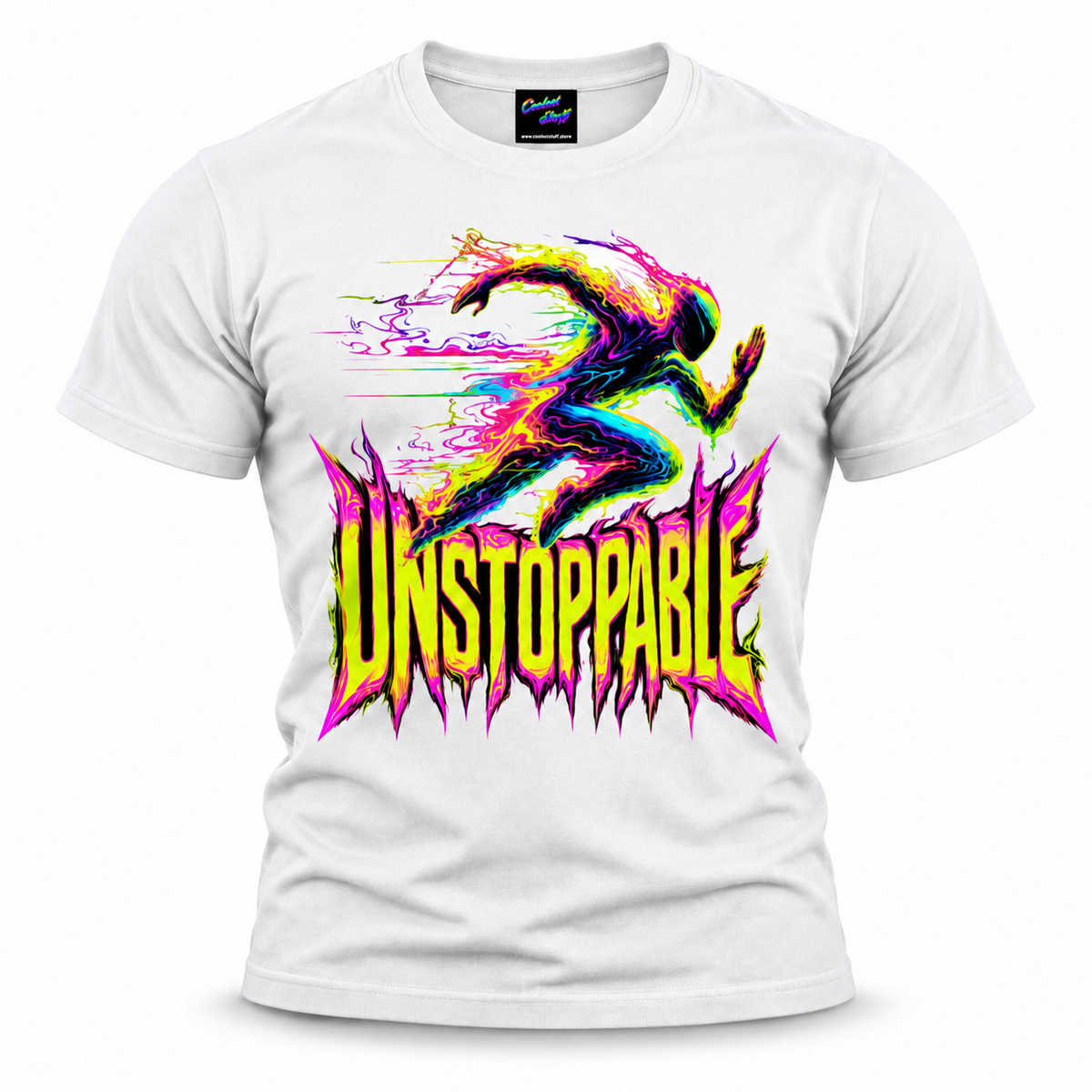 coolest,stuff,tshirt,shirt,tee,unisex,fashion,gift,bold,graphic,apparel,streetwear,casual,clothing,outfit,trendy,unstoppable,runner,running,sprint,speed,motion,energy,momentum,endurance,determination,motivation,ambition,resilience,fitness,training,workout,athletics,neon,acid,psychedelic,glitch,liquid,abstract,silhouette,graffiti,typography,vibrant,white