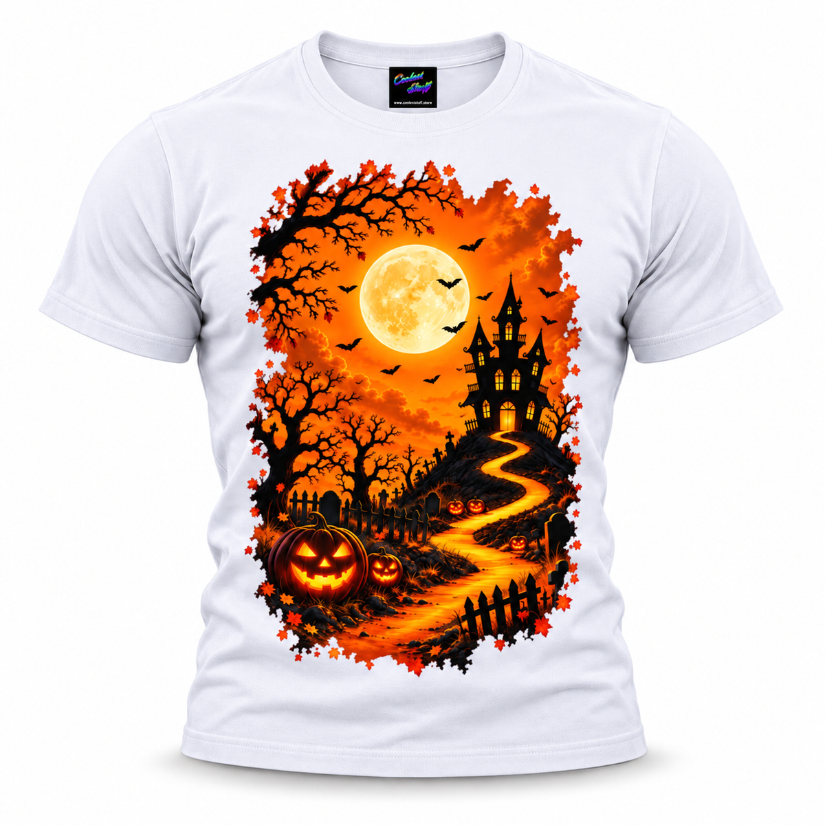 coolest,stuff,tshirt,shirt,tee,unisex,fashion,gift,graphic,apparel,streetwear,casual,clothing,outfit,trendy,halloween,haunted,house,pumpkins,spooky,eerie,gothic,horror,moon,bats,night,graveyard,tombstones,crosses,trees,branches,autumn,leaves,october,glowing,pathway,fence,clouds,silhouette,towers,foliage,illustration,seasonal,golden,white