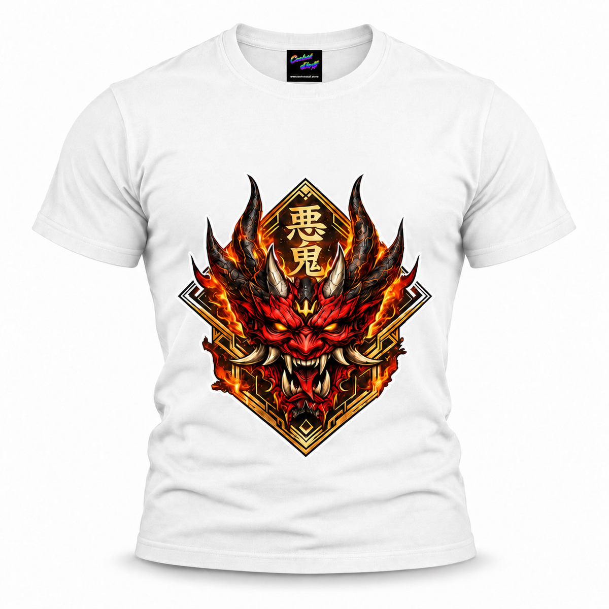 coolest,stuff,Japanese,oni,shirt,tee,tshirt,mask,demon,streetwear,anime,graphic,samurai,hannya,yokai,mythology,clothing,fire,design,art,apparel,tattoo,style,fashion,manga,otaku,aesthetic,warrior,gothic,gamer,gift,white