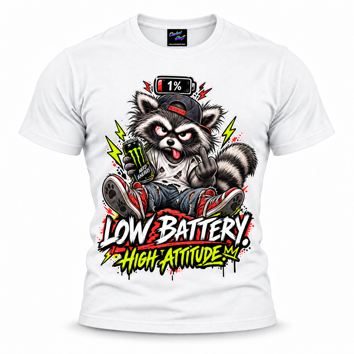 coolest,stuff,tshirt,shirt,tee,unisex,fashion,gift,bold,graphic,apparel,streetwear,casual,raccoon,battery,attitude,low,high,tired,exhausted,sarcasm,humor,rebellious,grumpy,caffeine,energy,drink,burnout,sassy,rude,sneakers,cap,denim,ripped,cartoon,graffiti,grunge,lightning,neon,novelty,white