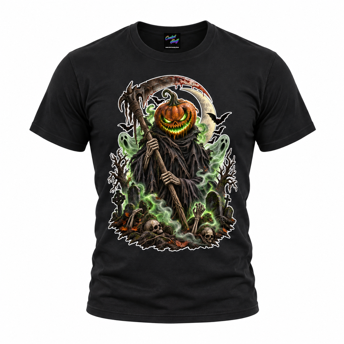 Pumpkin Grim Reaper T-Shirt – Spooky Halloween Graveyard Graphic Tee