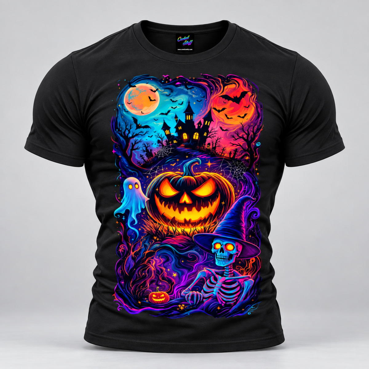 Neon Halloween Pumpkin T-Shirt with glowing jack-o'-lantern graphic