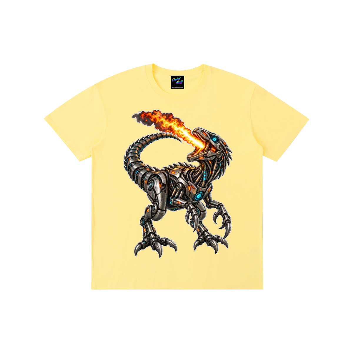 robot,velociraptor,shit,fire,breathnig,dinosaur,robotic,tshirt,cyber,tee,graphic,clothing,mechanical,raptor,design,futuristic,gift,cyberpunk,shirt,metallic,artwork,gamer,science,fiction,glowing,unisex,coolest,stuff
