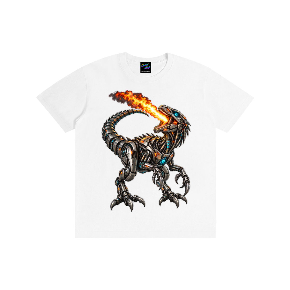 robot,velociraptor,shit,fire,breathnig,dinosaur,robotic,tshirt,cyber,tee,graphic,clothing,mechanical,raptor,design,futuristic,gift,cyberpunk,shirt,metallic,artwork,gamer,science,fiction,glowing,unisex,coolest,stuff