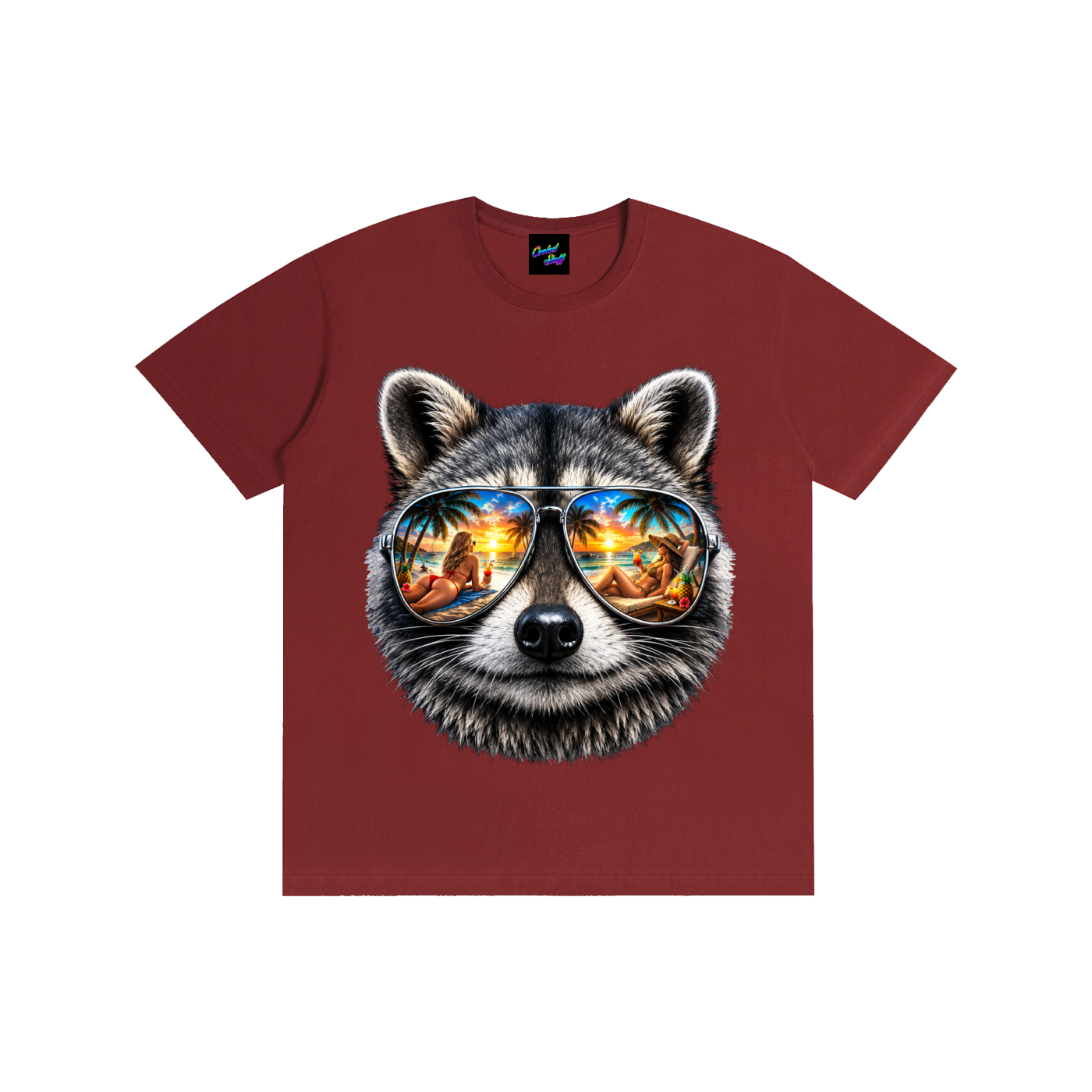 coolest,stuff,raccoon,shirt,tshirt,tee,graphic,tropical,summer,vacation,beach,vibes,mirrored,sunglasses,aviator,palm,tree,sunset,reflection,cocktail,island,life,ocean,lover,apparel,holiday,aesthetic,pardise,resort,wear,gift,colourful,unisex,outfit,fashion,seaside,exotic,lifestyle,animal