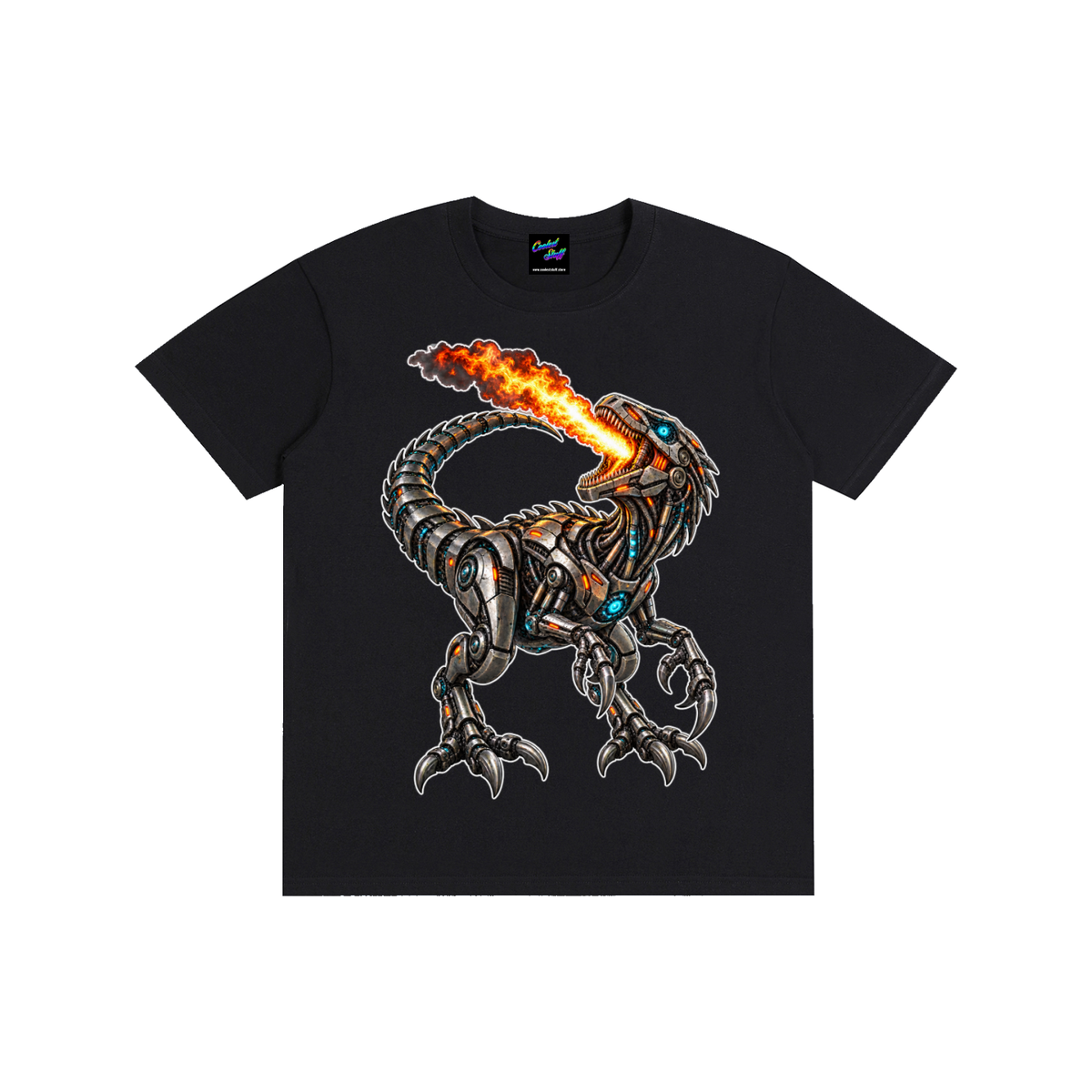 robot,velociraptor,shit,fire,breathnig,dinosaur,robotic,tshirt,cyber,tee,graphic,clothing,mechanical,raptor,design,futuristic,gift,cyberpunk,shirt,metallic,artwork,gamer,science,fiction,glowing,unisex,coolest,stuff