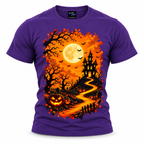 coolest,stuff,tshirt,shirt,tee,unisex,fashion,gift,graphic,apparel,streetwear,casual,clothing,outfit,trendy,halloween,haunted,house,pumpkins,spooky,eerie,gothic,horror,moon,bats,night,graveyard,tombstones,crosses,trees,branches,autumn,leaves,october,glowing,pathway,fence,clouds,silhouette,towers,foliage,illustration,seasonal,golden,purple