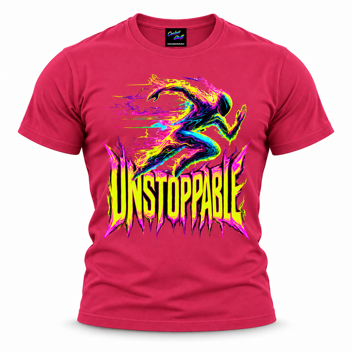 coolest,stuff,tshirt,shirt,tee,unisex,fashion,gift,bold,graphic,apparel,streetwear,casual,clothing,outfit,trendy,unstoppable,runner,running,sprint,speed,motion,energy,momentum,endurance,determination,motivation,ambition,resilience,fitness,training,workout,athletics,neon,acid,psychedelic,glitch,liquid,abstract,silhouette,graffiti,typography,vibrant,pink