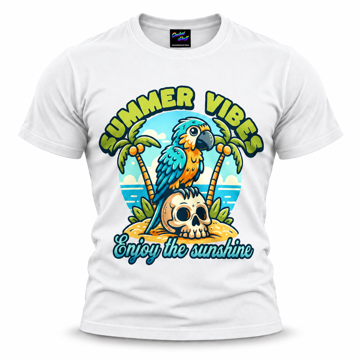 coolest,stuff,tshirt,shirt,tee,unisex,fashion,gift,bold,graphic,apparel,streetwear,casual,clothing,outfit,trendy,parrot,macaw,skull,pirate,tropical,summer,vibes,sunshine,beach,island,palms,coconuts,ocean,sand,vacation,holiday,paradise,coastal,bird,feathers,cartoon,cute,playful,retro,typography,script,white