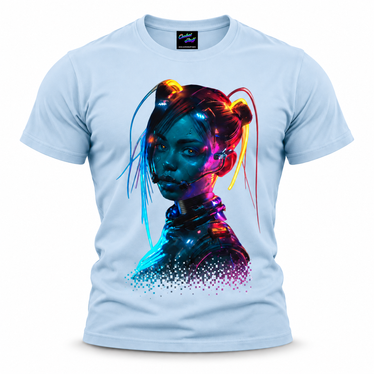 coolest,stuff,tshirt,shirt,tee,unisex,fashion,gift,graphic,apparel,streetwear,casual,clothing,outfit,trendy,cyberpunk,cyborg,android,neon,futuristic,scifi,technology,robotics,cybernetic,digital,portrait,woman,headset,circuitry,wires,pixels,glitch,dissolve,cyan,glowing,metallic,industrial,dystopian,transhumanism,illustration,graphic,blue