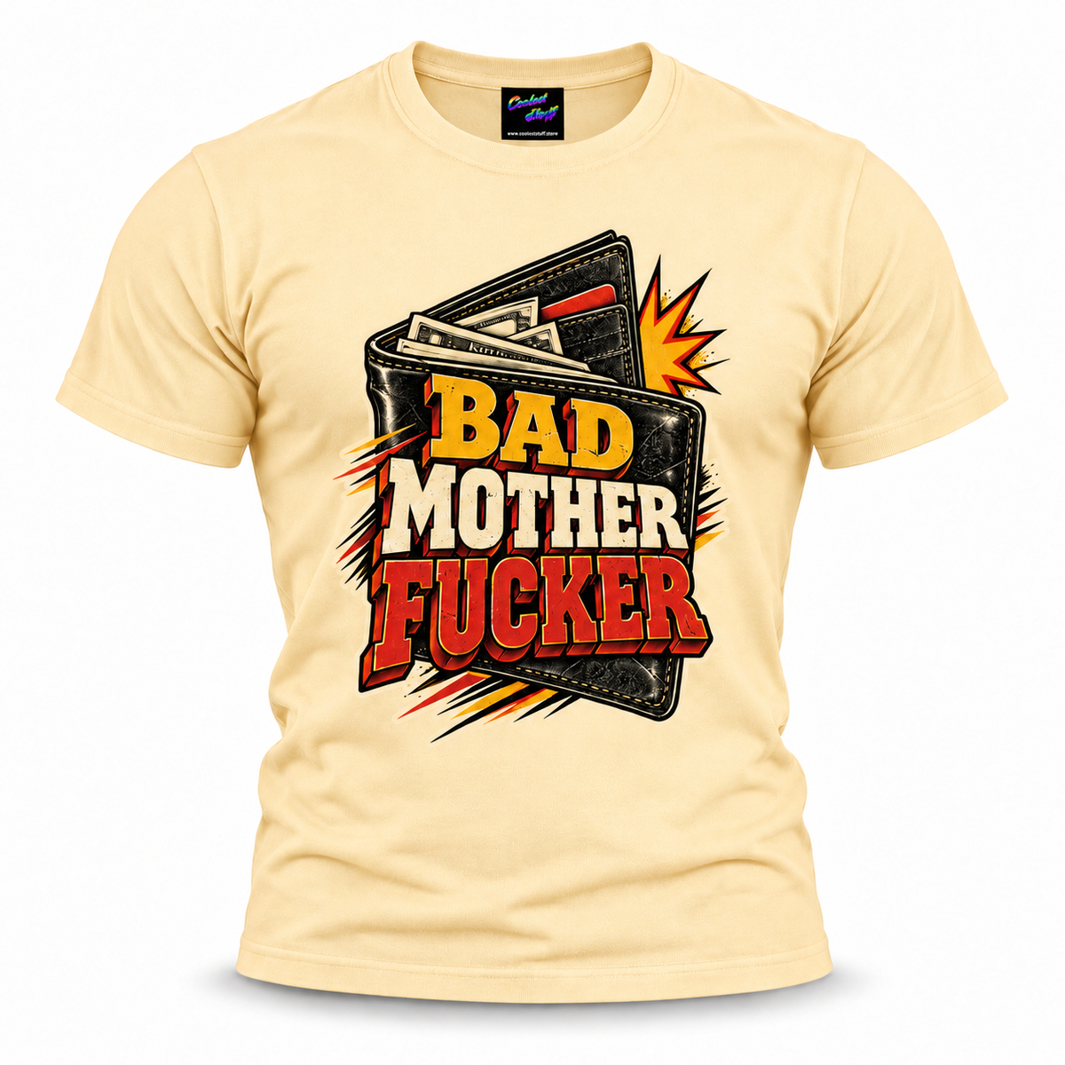 coolest,stuff,tshirt,shirt,tee,unisex,fashion,gift,bold,graphic,apparel,streetwear,casual,badass,wallet,cash,money,bad,mother,fucker,profanity,humor,irreverent,statement,slogan,typography,lettering,retro,distressed,comic,white,red,yellow,black,crewneck,printed,novelty,attitude,rebellious,cinema,cult,apricot