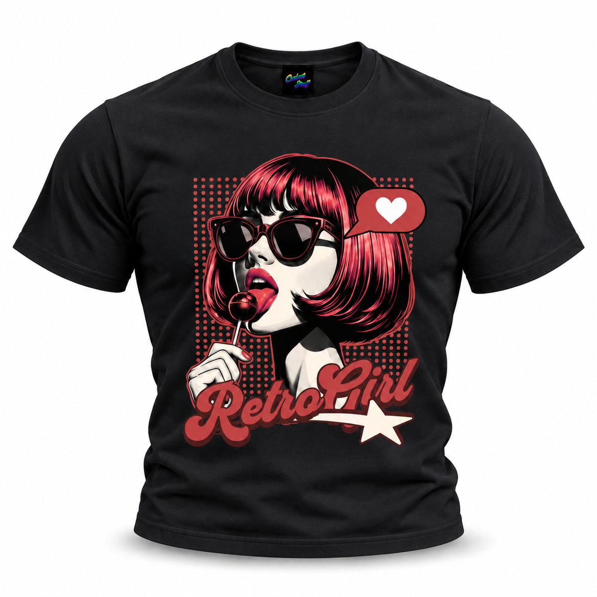 coolest,stuff,tshirt,shirt,tee,unisex,fashion,gift,graphic,apparel,streetwear,casual,clothing,outfit,trendy,retro,girl,popart,vintage,pinup,sunglasses,lollipop,candy,heart,love,star,halftone,dots,bob,bangs,lipstick,portrait,comic,illustration,typography,script,playful,sassy,glamour,nostalgia,rockabilly,black