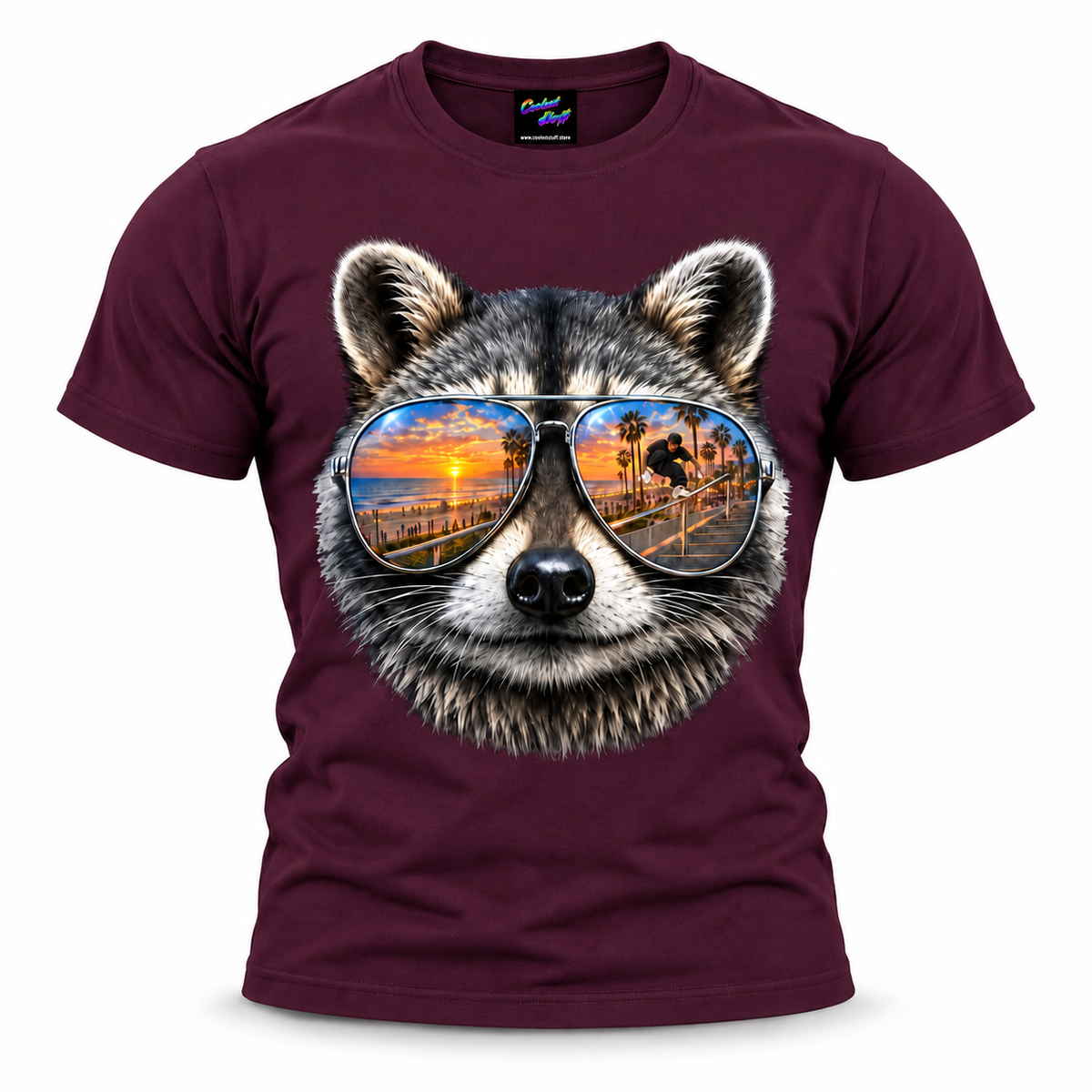 raccoon,sunglasses,aviator,mirrored,reflection,sunset,beach,ocean,palms,tropical,summer,coastal,skater,rollerblading,inline,grind,handrail,freestyle,urban,streetwear,adventure,animal,wildlife,portrait,realistic,detailed,cool,playful,graphic,tshirt,apparel,casual,vacation,golden,gift,coolest,stuff,tshirt,shirt,tee,unisex,fashion,