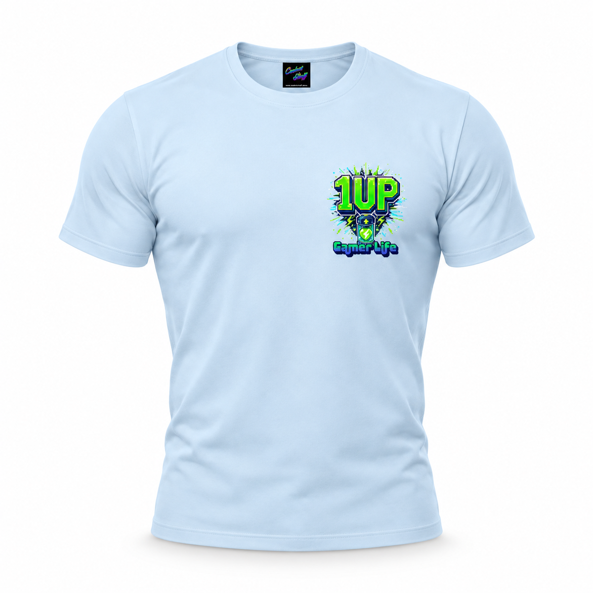 coolest,stuff,tshirt,shirt,tee,unisex,fashion,gift,graphic,apparel,streetwear,casual,clothing,outfit,trendy,1up,gamer,gaming,arcade,retro,pixels,neon,green,cyan,battery,heart,lightning,energy,power,upgrade,bonus,life,respawn,nostalgia,typography,lettering,glitch,digital,geometric,outlined,vibrant,geek,console,blue