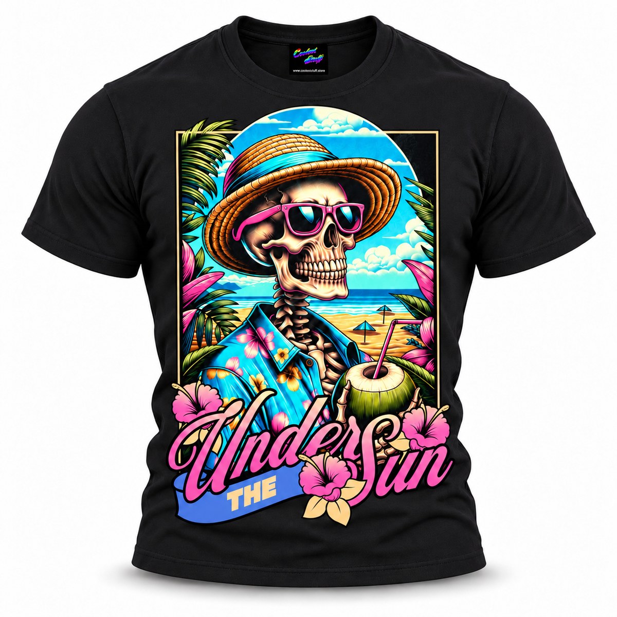 coolest,stuff,tshirt,shirt,tee,unisex,fashion,gift,bold,graphic,apparel,streetwear,casual,clothing,trendy,skeleton,skull,summer,beach,tropical,vacation,sun,sunglasses,coconut,drink,straw,hat,hawaiian,hibiscus,floral,palms,ocean,sand,island,paradise,relaxation,retro,vintage,colorful,turquoise,humor,holiday,coastal,cartoon,illustration,typography,black