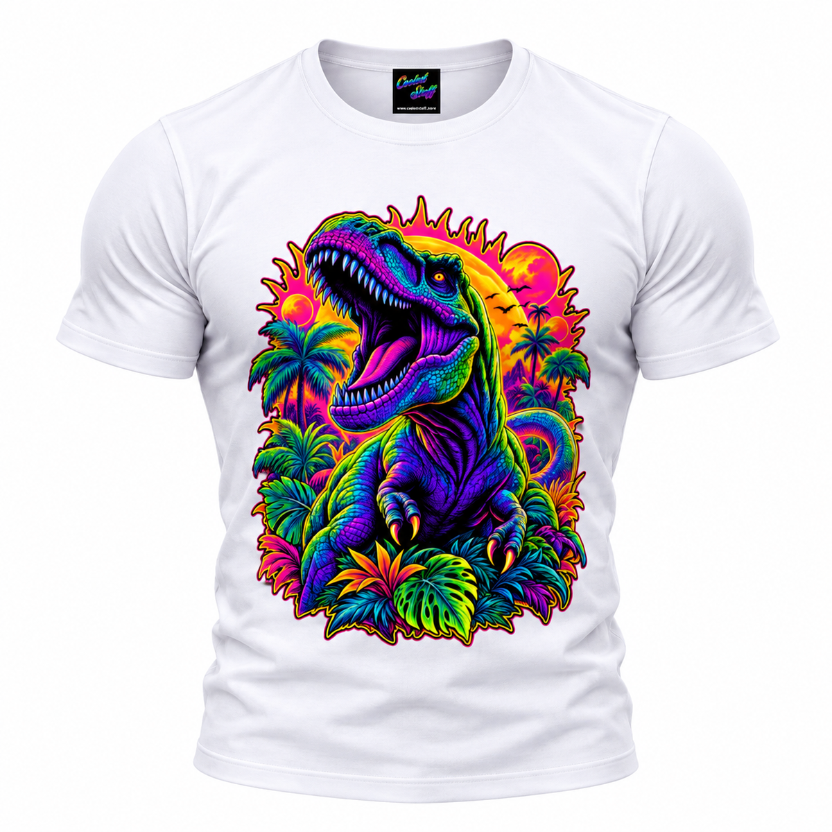Neon T-Rex Jungle T-Shirt – Psychedelic Dinosaur Graphic Tee | Retro Tropical Streetwear