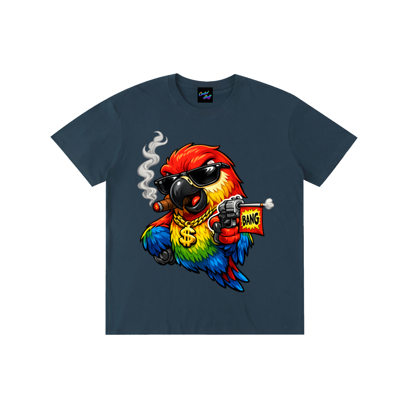 rainbow,parrot,shirt,ganster,funny,bird,tee,cartoon,colourful,animal,lover,comic,style,bang,flag,desing,toy,gun,cigar,streetwear,graphic,urban,fashion,tropical,macaw,gift,art,vibrant,cool,cooleststuff,festival,clothing,humorous,apparel