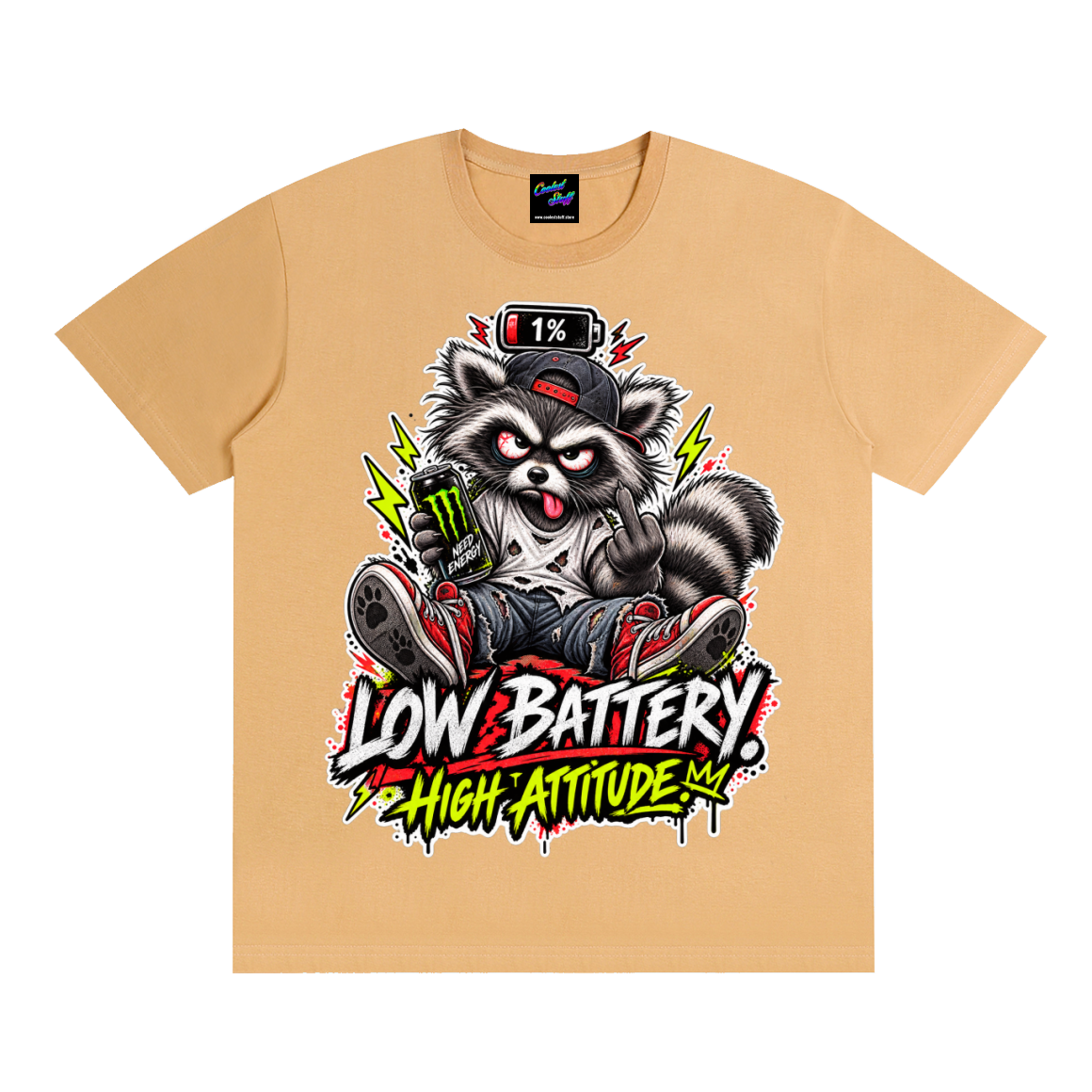 cooleststuff,low,battery,tshirt,shirt,tee,outfit,high,attitude,raccoon,funny,graphic,sarcastic,tired,social,caffeine,energy,drink,animal,gift,streetwear,graffiti,exhausted,introvert,gamer,meme,unisex,cool,edgy,viral