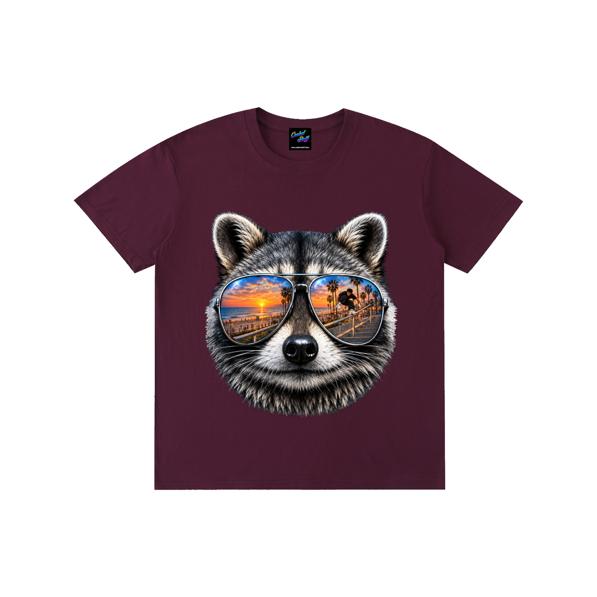 raccoon,shirt,tshirt,summer,sunset,skate,skater,trick,slide,vibe,cool,graphic,tee,sunglasses,aviator,beach,inline,skating,roller,apparel,streetwear,animal,lover,gift,vibes,urban,reflection,art,extreme,sports,unisex,unique,clothing,design,statement