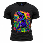 coolest,stuff,tshirt,shirt,tee,unisex,fashion,gift,bold,graphic,apparel,streetwear,casual,dinosaur,tyrannosaurus,prehistoric,predator,carnivore,roaring,teeth,claws,scales,jungle,tropical,palms,foliage,monstera,sun,neon,psychedelic,vaporwave,retro,magenta,cyan,orange,colorful,vibrant,fantasy,comic,illustration,black