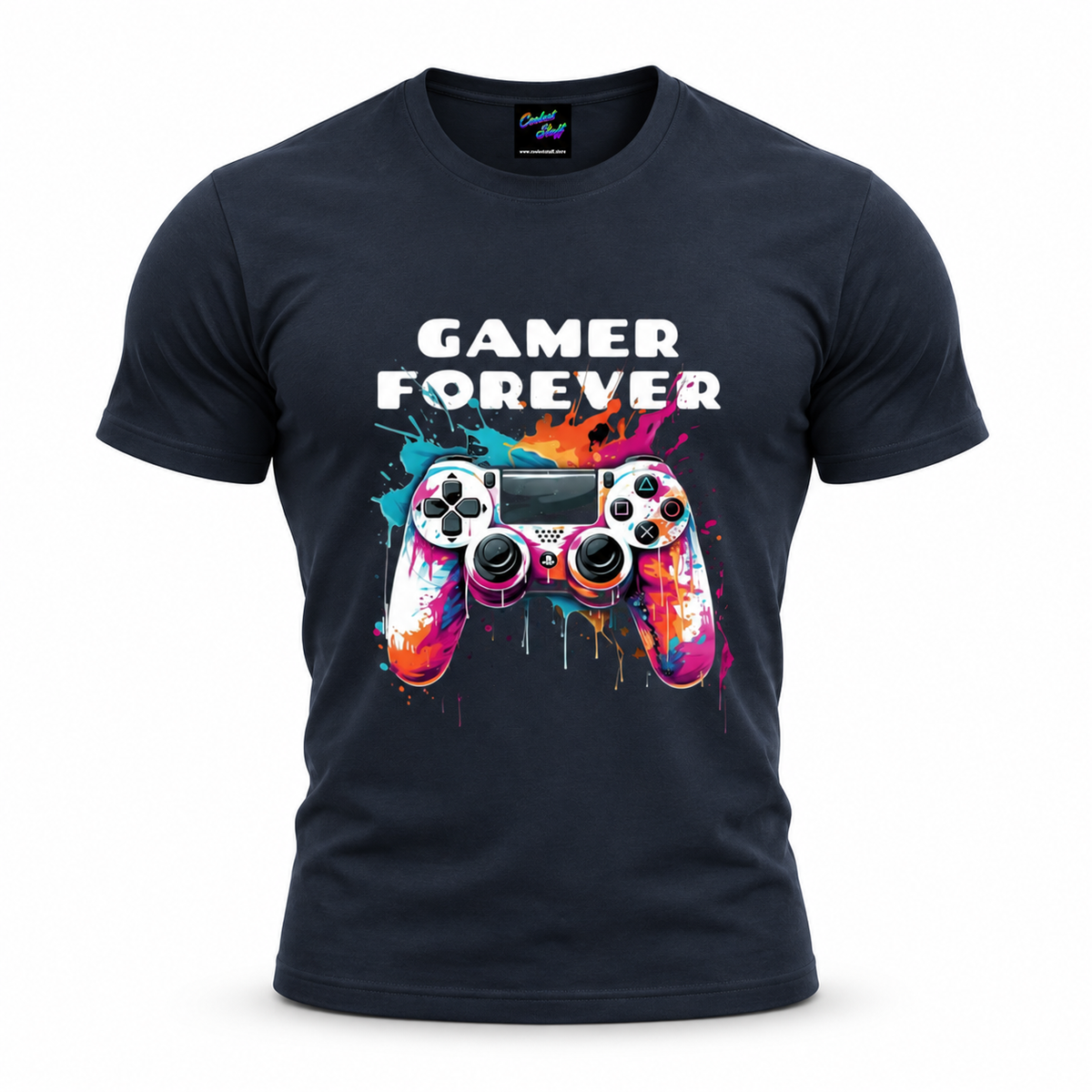 coolest,stuff,tshirt,shirt,tee,unisex,fashion,gift,graphic,apparel,streetwear,casual,clothing,outfit,trendy,gamer,forever,gaming,controller,gamepad,playstation,console,joystick,buttons,graffiti,paint,splatter,drips,colorful,vibrant,cyan,magenta,orange,yellow,white,black,typography,slogan,geek,nerd,esports,multiplayer,player,illustration,darkblue