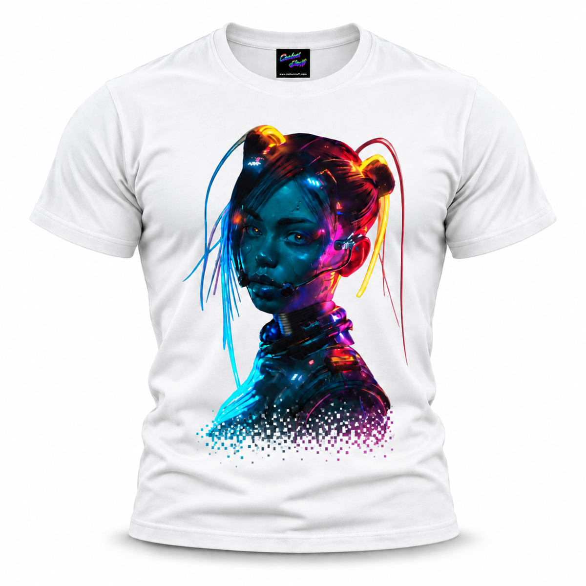 coolest,stuff,tshirt,shirt,tee,unisex,fashion,gift,graphic,apparel,streetwear,casual,clothing,outfit,trendy,cyberpunk,cyborg,android,neon,futuristic,scifi,technology,robotics,cybernetic,digital,portrait,woman,headset,circuitry,wires,pixels,glitch,dissolve,cyan,glowing,metallic,industrial,dystopian,transhumanism,illustration,graphic,white