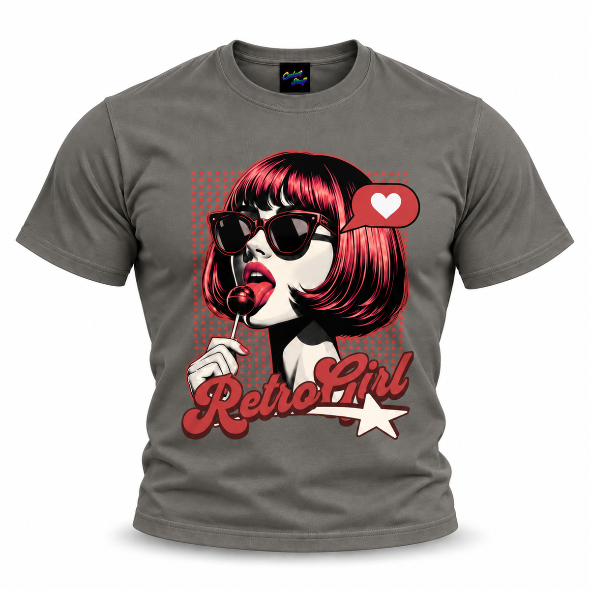 coolest,stuff,tshirt,shirt,tee,unisex,fashion,gift,graphic,apparel,streetwear,casual,clothing,outfit,trendy,retro,girl,popart,vintage,pinup,sunglasses,lollipop,candy,heart,love,star,halftone,dots,bob,bangs,lipstick,portrait,comic,illustration,typography,script,playful,sassy,glamour,nostalgia,rockabilly,grey