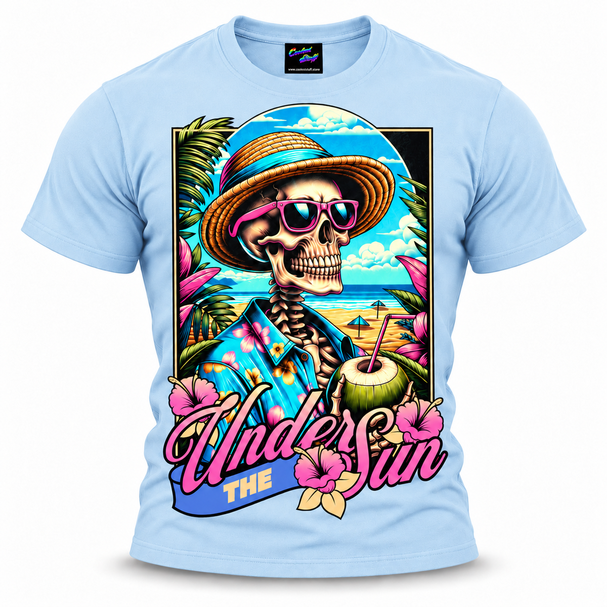 coolest,stuff,tshirt,shirt,tee,unisex,fashion,gift,bold,graphic,apparel,streetwear,casual,clothing,trendy,skeleton,skull,summer,beach,tropical,vacation,sun,sunglasses,coconut,drink,straw,hat,hawaiian,hibiscus,floral,palms,ocean,sand,island,paradise,relaxation,retro,vintage,colorful,turquoise,humor,holiday,coastal,cartoon,illustration,typography,blue