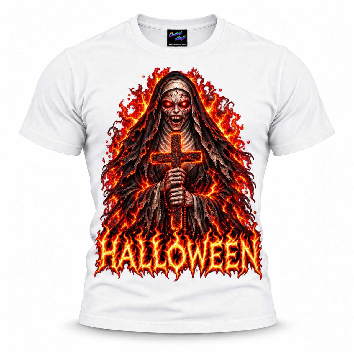 Halloween,tshirt,tee,spooky,undead,skeleton,vampire,shirt,holy,flames,scary,outfit,nun,horror,haunted,graphic,gothic,design,demonic,cross,creepy,white
