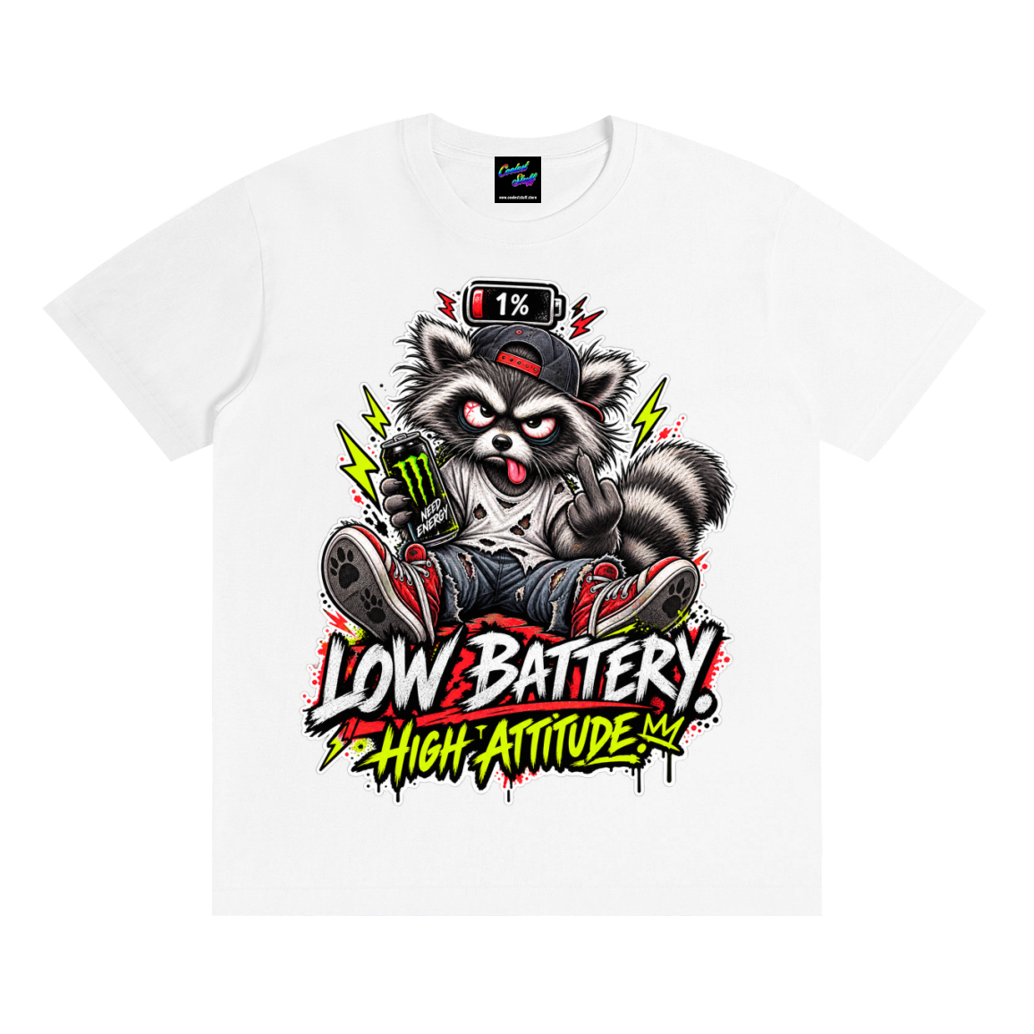 cooleststuff,low,battery,tshirt,shirt,tee,outfit,high,attitude,raccoon,funny,graphic,sarcastic,tired,social,caffeine,energy,drink,animal,gift,streetwear,graffiti,exhausted,introvert,gamer,meme,unisex,cool,edgy,viral