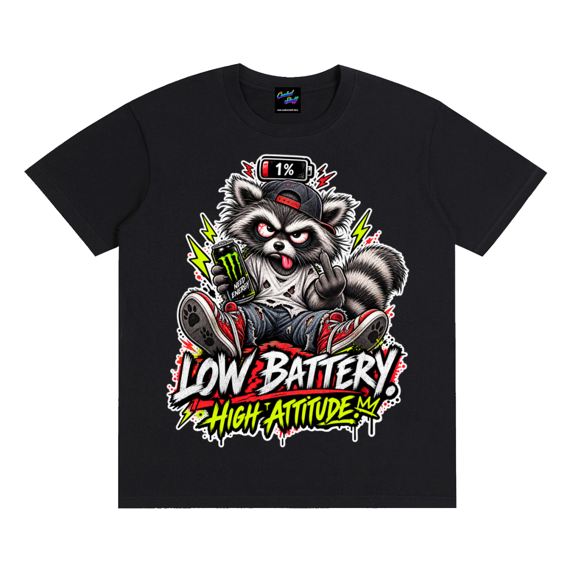 cooleststuff,low,battery,tshirt,shirt,tee,outfit,high,attitude,raccoon,funny,graphic,sarcastic,tired,social,caffeine,energy,drink,animal,gift,streetwear,graffiti,exhausted,introvert,gamer,meme,unisex,cool,edgy,viral
