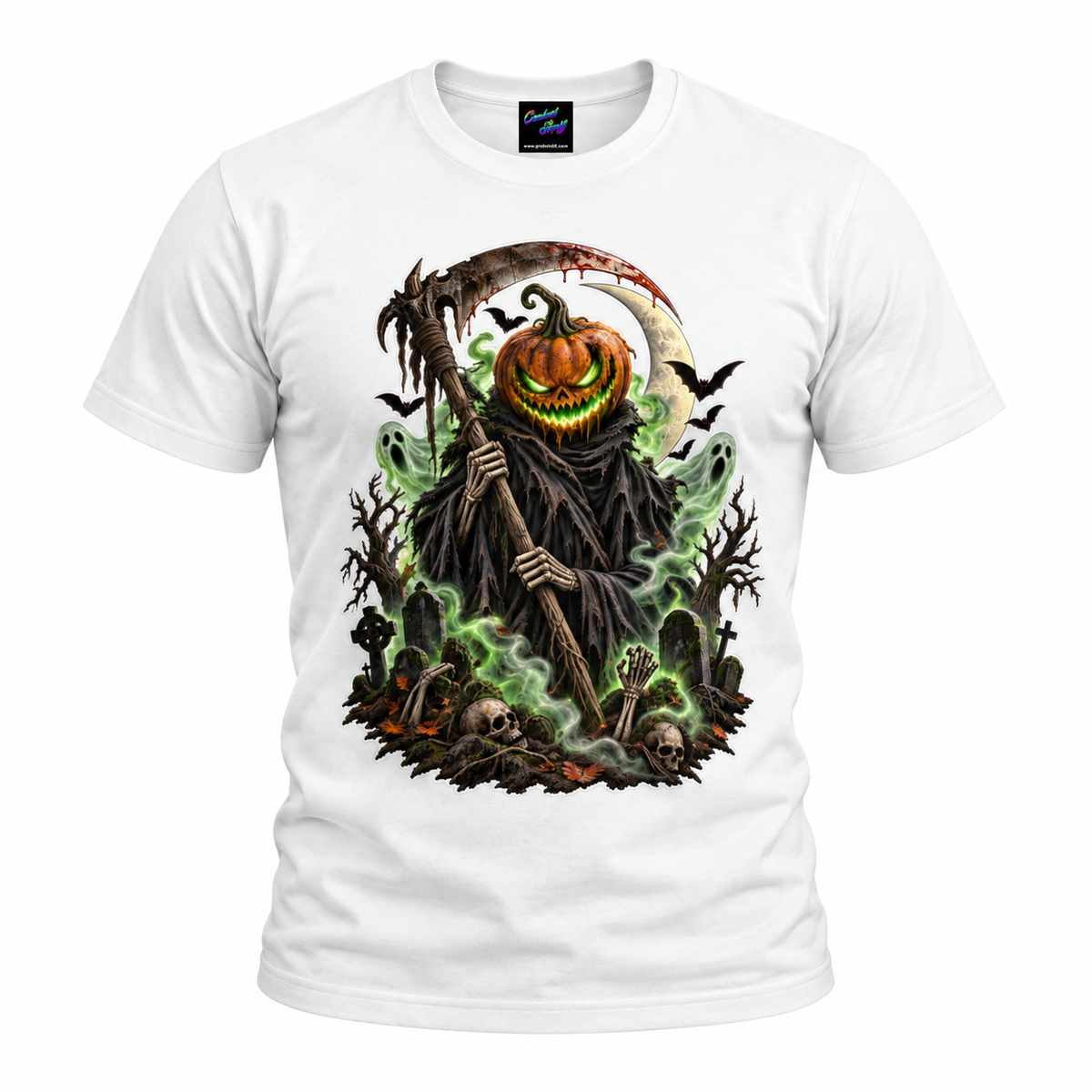 Pumpkin Grim Reaper T-Shirt – Spooky Halloween Graveyard Graphic Tee