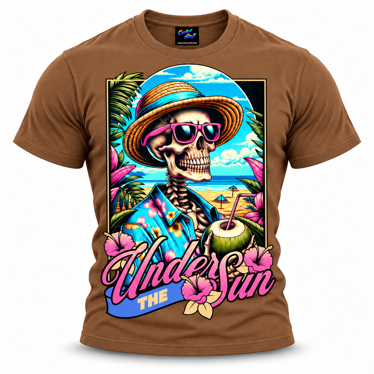 coolest,stuff,tshirt,shirt,tee,unisex,fashion,gift,bold,graphic,apparel,streetwear,casual,clothing,trendy,skeleton,skull,summer,beach,tropical,vacation,sun,sunglasses,coconut,drink,straw,hat,hawaiian,hibiscus,floral,palms,ocean,sand,island,paradise,relaxation,retro,vintage,colorful,turquoise,humor,holiday,coastal,cartoon,illustration,typography,brown